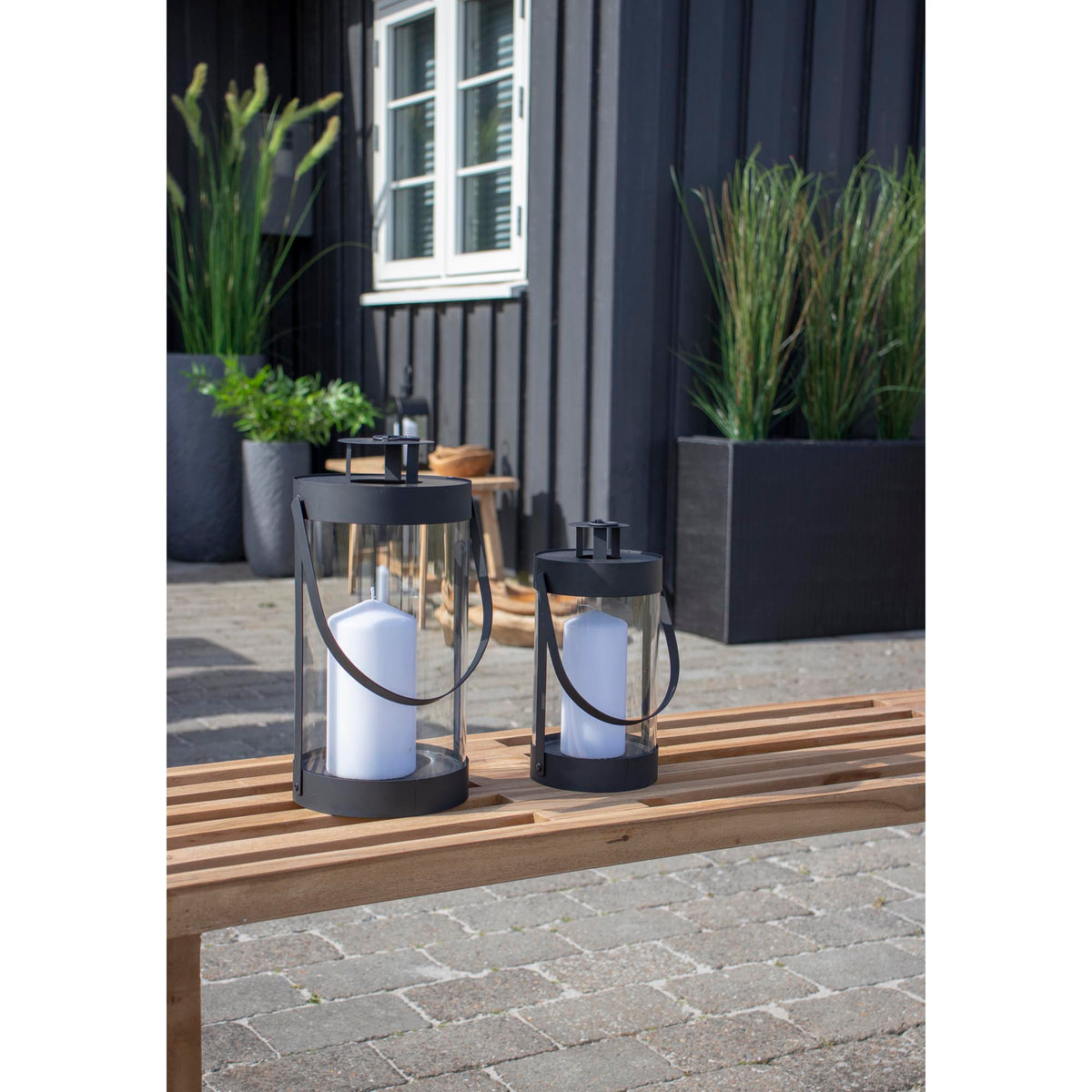 Cylinder – lyktor i stål och glas, set om 2
